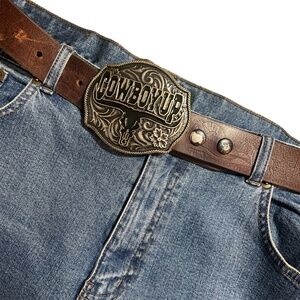 COWBOW UP Large Steel Silver Gold Tone Buckle Western Belt Brown Bear Embossed